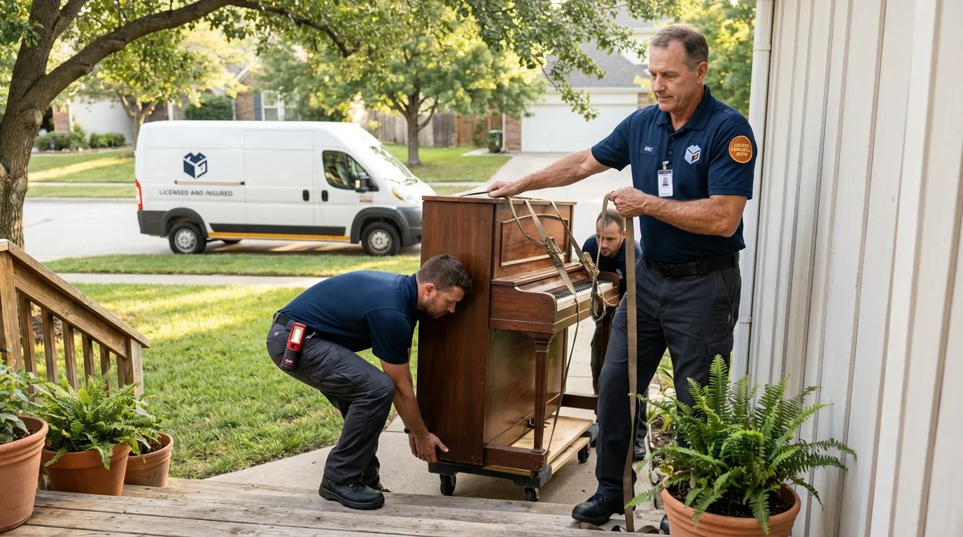 Licensed piano movers securing grand piano in Wiscasset, ME