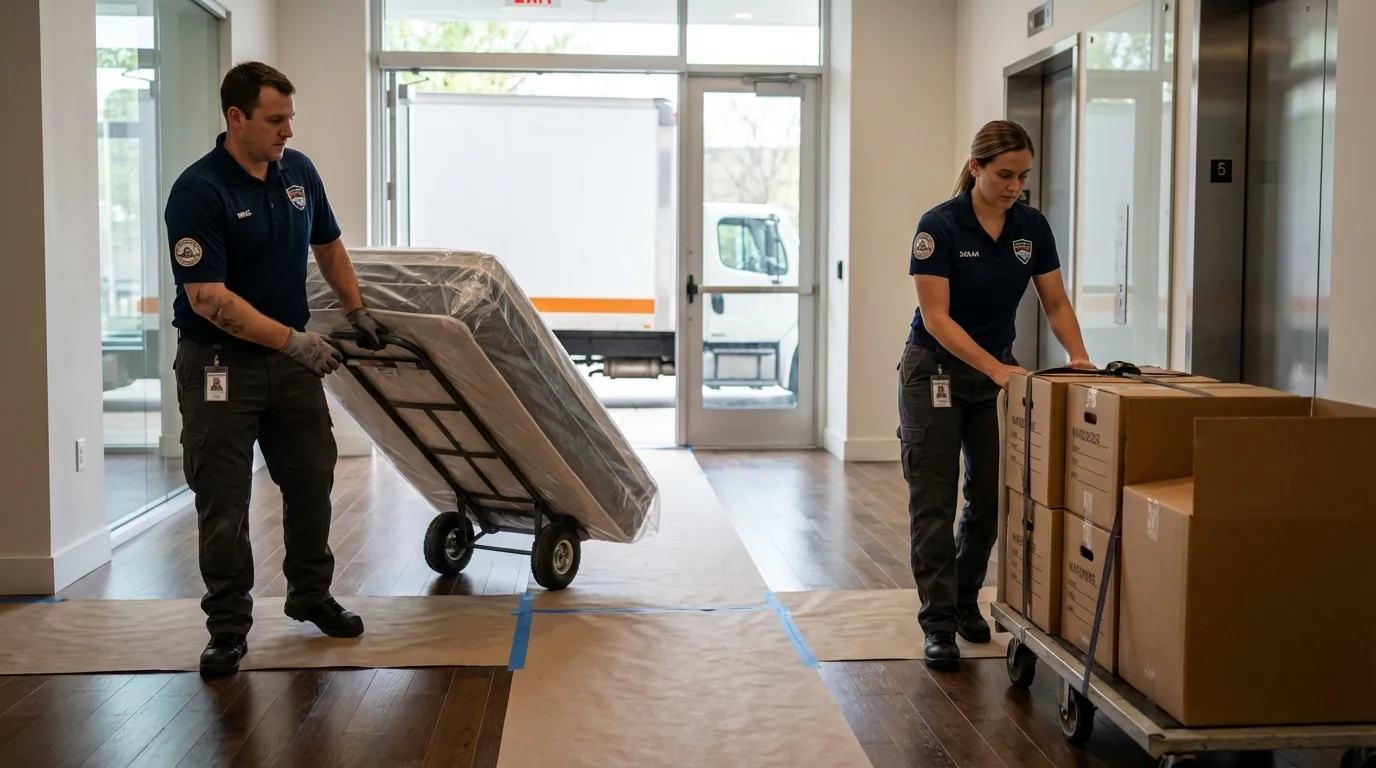 Professional apartment movers loading elevator in Wiscasset, ME